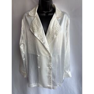 Vintage Hidden Fantasies Cream Satin Night Shirt Size M Victorian Embroidered